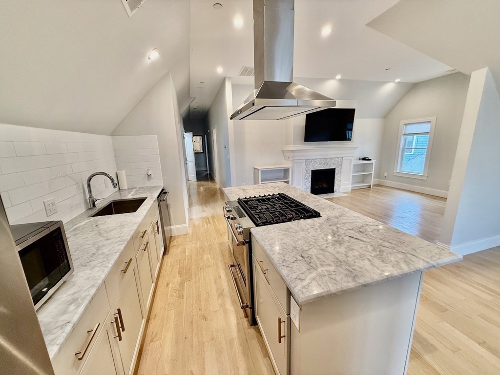 28 Dix Street, Unit 3 Boston, MA 02122 - Photo 19 of 34 a kitchen with stainless steel appliances kitchen island granite countertop a stove and a sink