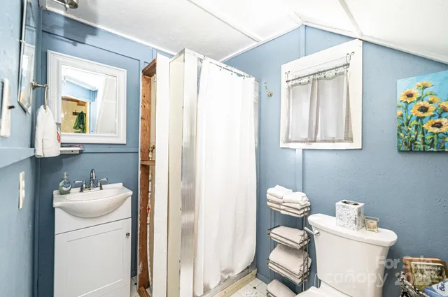 a bathroom with a toilet sink vanity and mirror