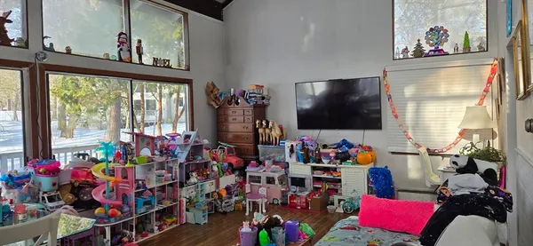 a room with toys and a flat screen tv