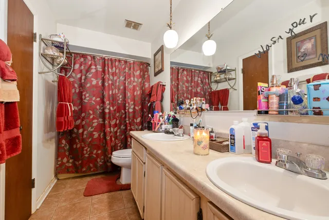 a bathroom with a sink a toilet and shower curtain