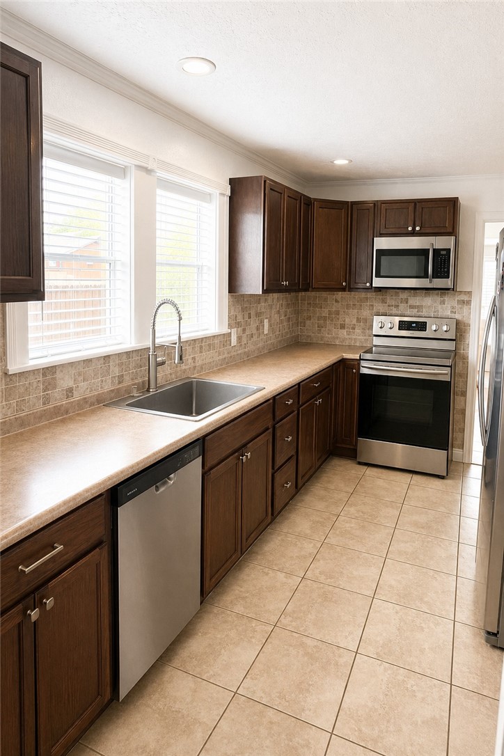 421 South Commerce Street Centerville, TX 75833 - Photo 19 of 23 a kitchen with stainless steel appliances granite countertop a sink counter space cabinets and a window