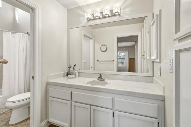 a bathroom with a sink a toilet and a mirror