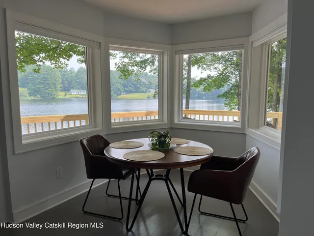a view of a dining room with furniture window and outside view