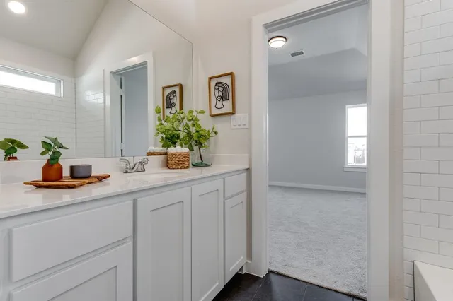 a bathroom with a sink and mirror