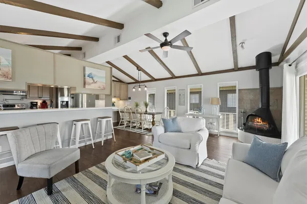 a living room with furniture and a table