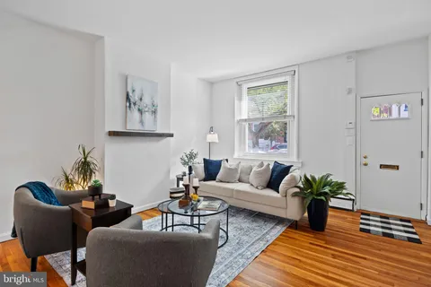 a living room with furniture and a potted plant