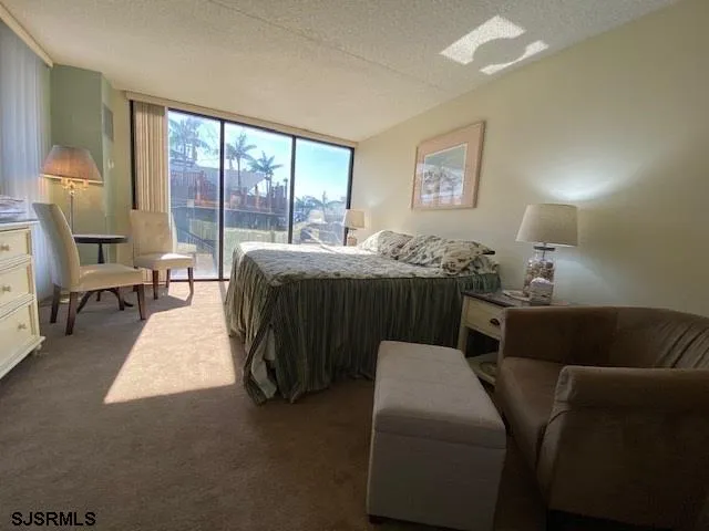 a bedroom with furniture and a large window