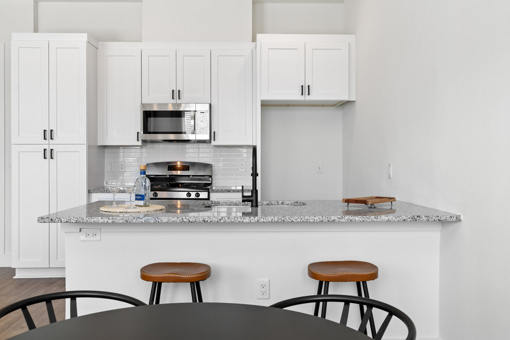 1811 Webberville Road, Unit 1209 Austin, TX 78721 - Photo 16 of 35 a kitchen with stainless steel appliances granite countertop a stove a sink and white cabinets