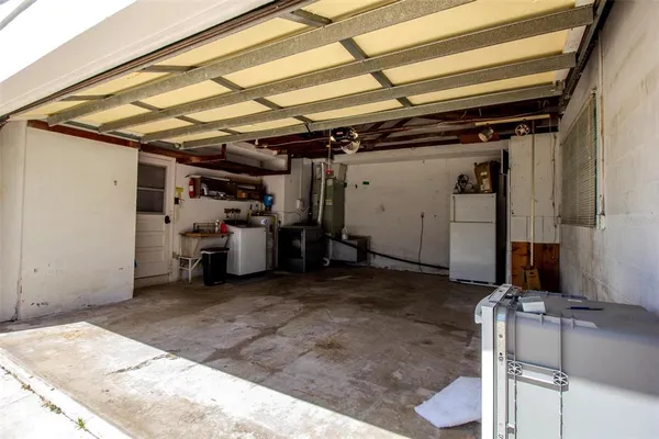 a view of a garage with storage