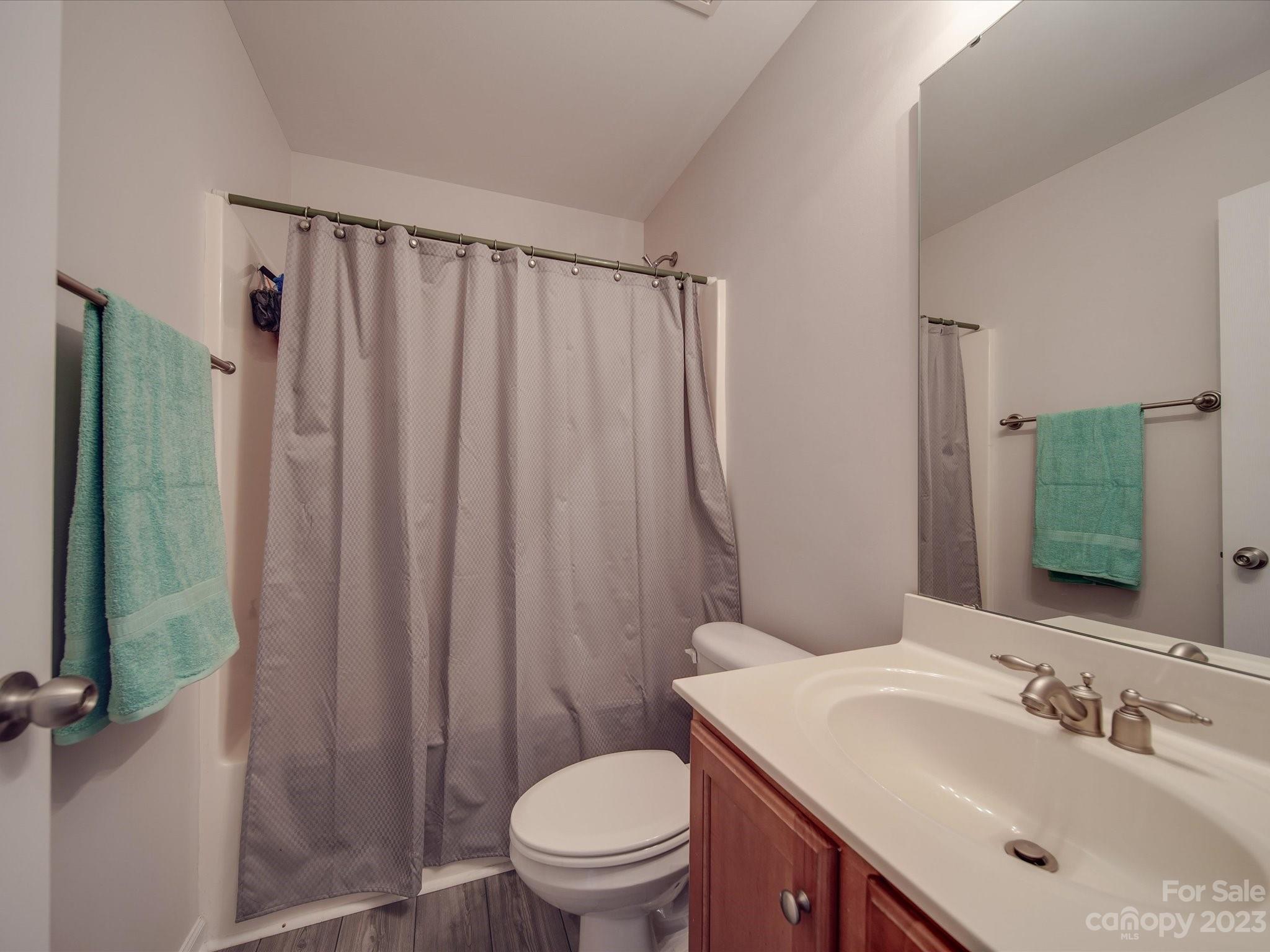 10102 Trailmoor Road Charlotte, NC 28278 - Photo 11 of 44 a bathroom with a sink a toilet a mirror and shower curtain