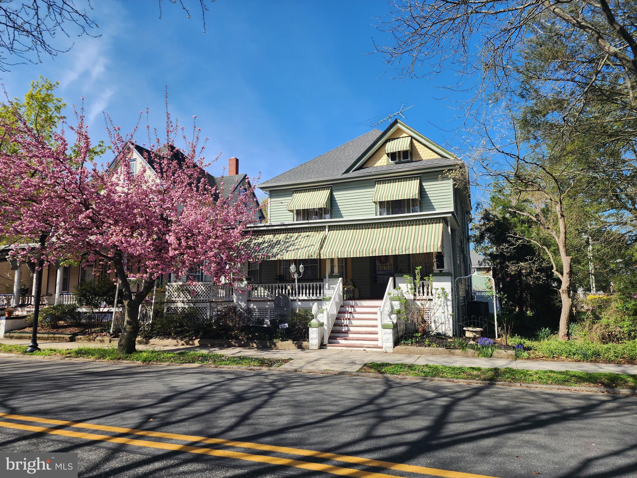a front view of a house with a yard and trees