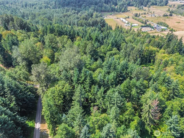 an aerial view of residential house with outdoor space and trees all around