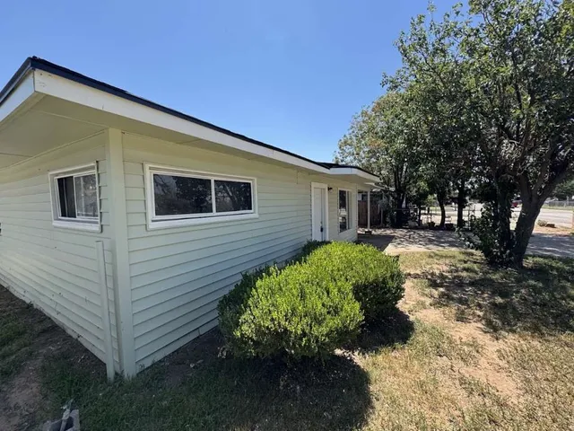 a view of a backyard with large trees