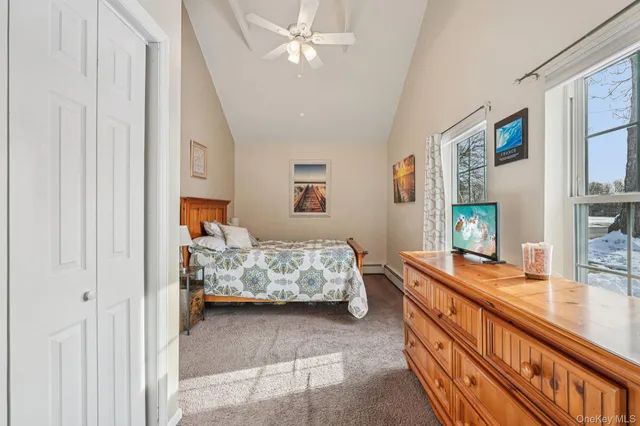 a bedroom with furniture and a flat tv screen