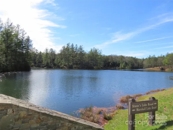 a view of a lake with houses in the back