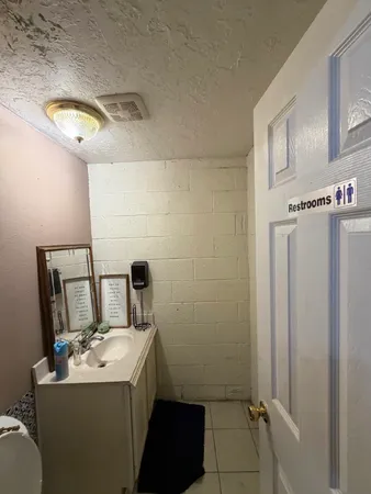 a bathroom with a sink a toilet and mirror