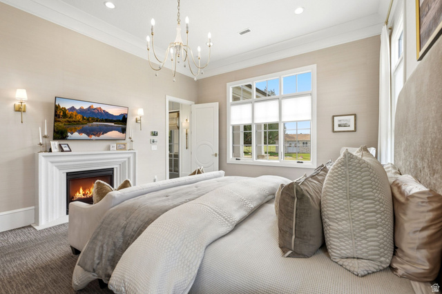71 Farm Road Midway, UT 84049 - Photo 35 of 92 Bedroom featuring a classic white fireplace with a mantle, a multi-pane window, and recessed lighting