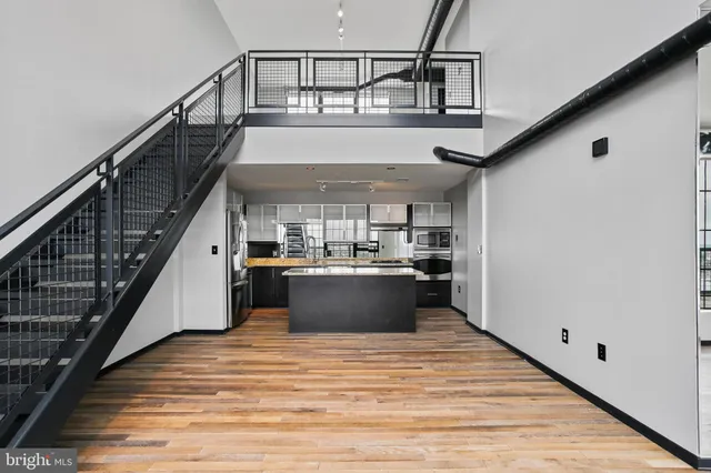 a view of kitchen with wooden floor and electronic appliances