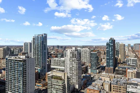 a city view with tall buildings