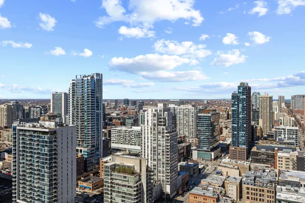 a city view with tall buildings