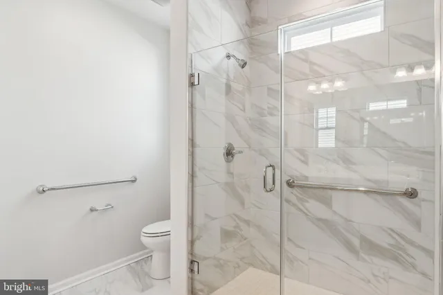 a bathroom with a shower and toilet