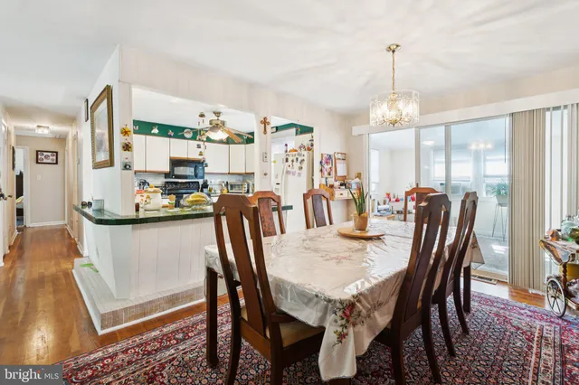 a view of a dining room with furniture