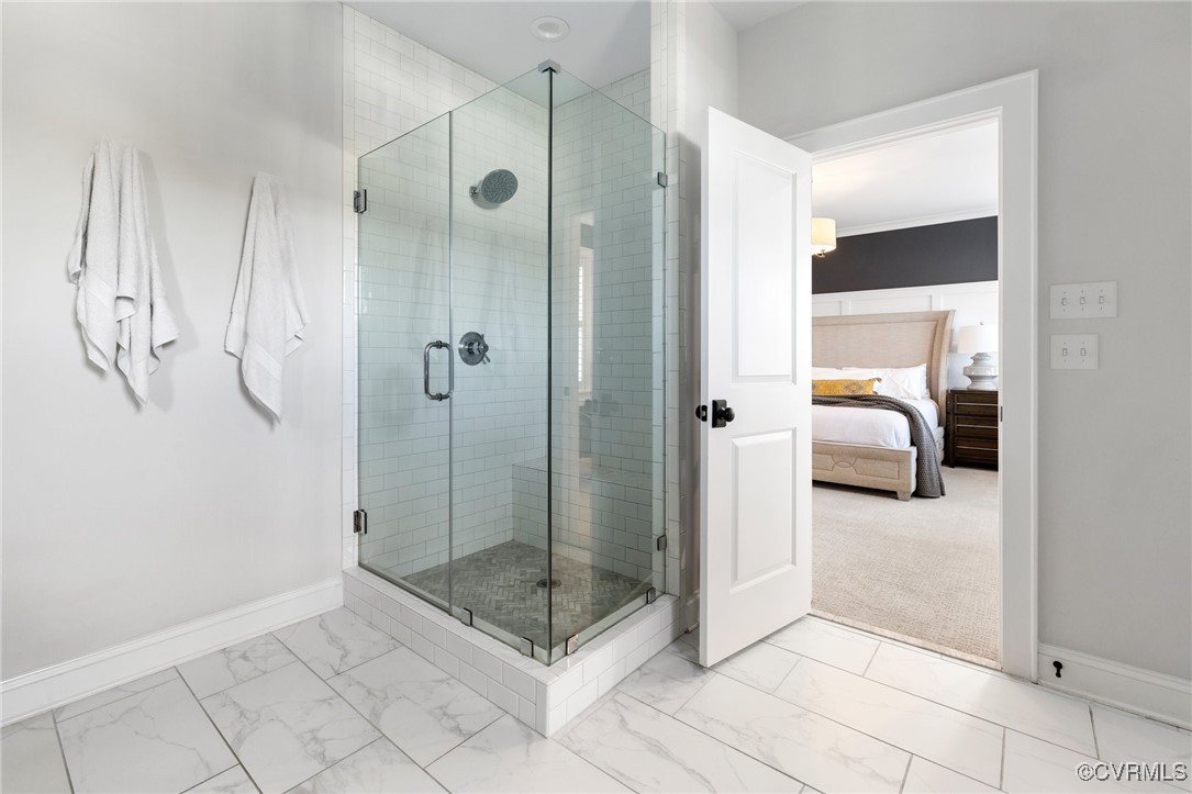 16143 Old Castle Road Midlothian, VA 23112 - Photo 27 of 50 Frameless Glass Shower with Herringbone Tile Floor