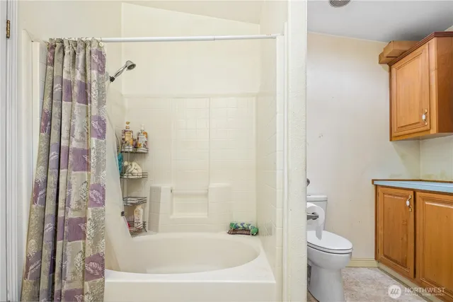 a bathroom with a shower and a toilet