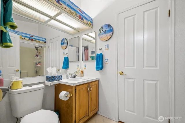 a bathroom with a sink a toilet a mirror a vanity and shower