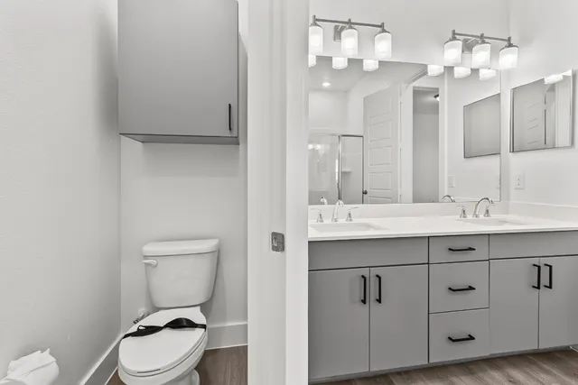 a bathroom with a toilet sink and mirror