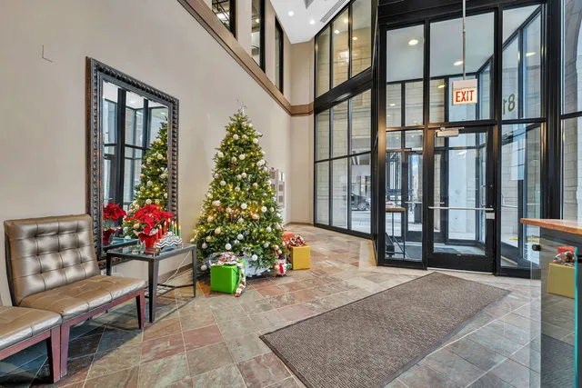 a building outdoor space with seating