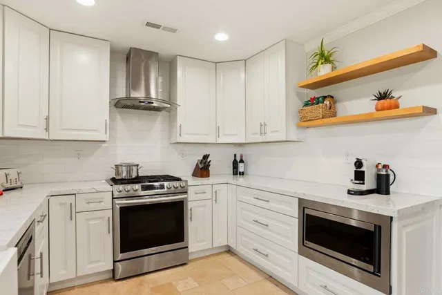 a kitchen with stainless steel appliances granite countertop a stove a sink and a microwave