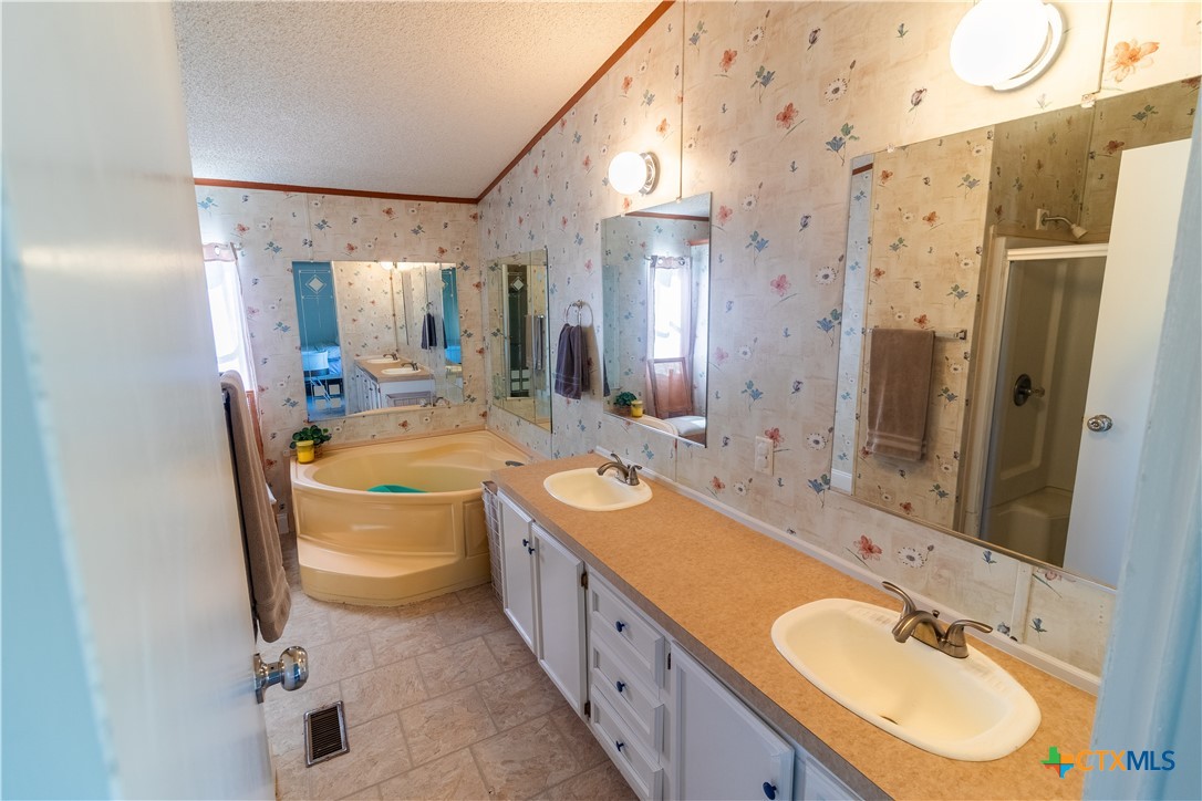 250 Rocky Road Lockhart, TX 78644 - Photo 23 of 45 a bathroom with a granite countertop double vanity sink a mirror and a bathtub