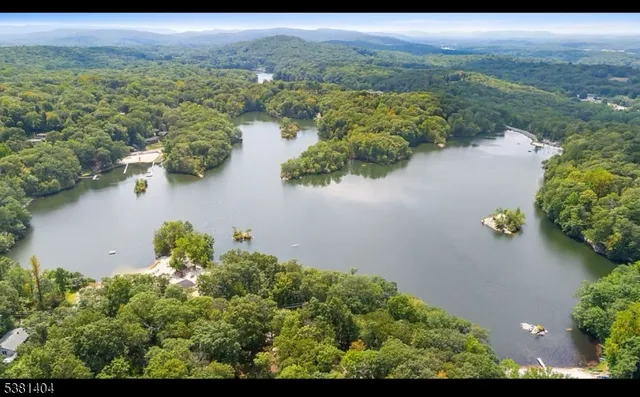 an aerial view of lake and residential houses with outdoor space
