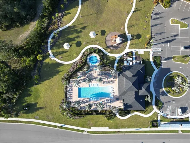 an aerial view of a swimming pool