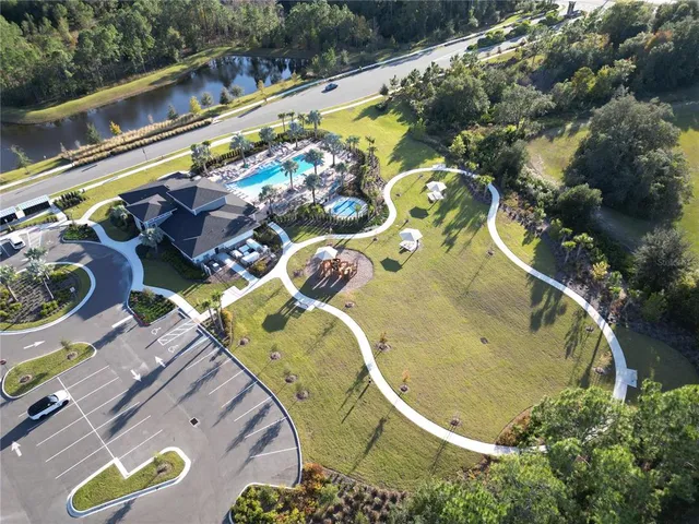 an aerial view of a swimming pool