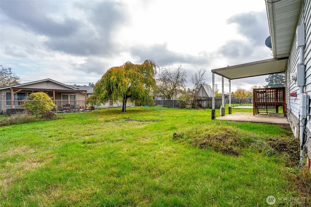 a view of a house with a big yard and a large tree