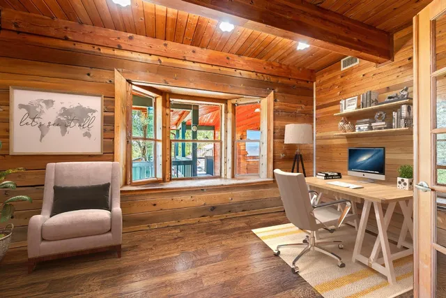 a garden view with a seating space