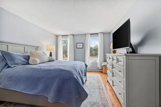 a bed room with a bed tv and a fireplace