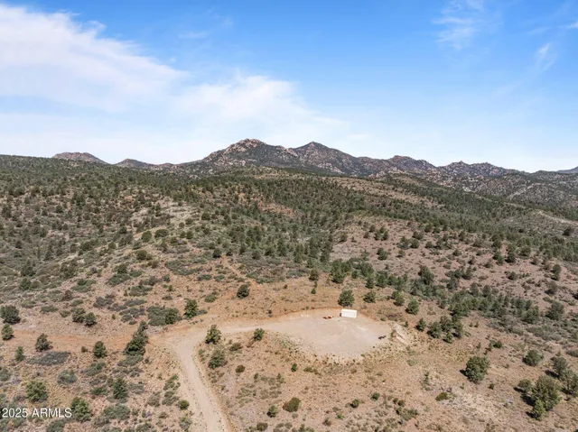 a view of a dry yard with mountains in the background