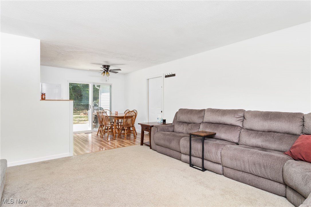 Living room featuring carpet flooring and a ceiling fan