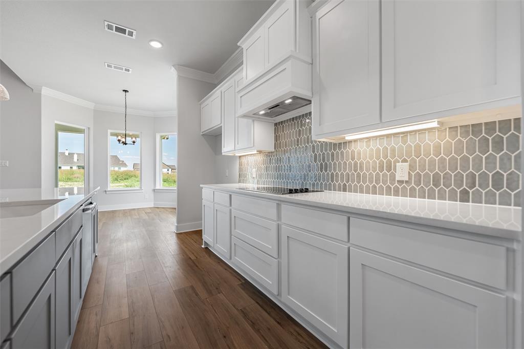 12108 Crystal Drive Krum, TX 76249 - Photo 29 of 40 a kitchen with granite countertop a stove a sink and white cabinets with wooden floor