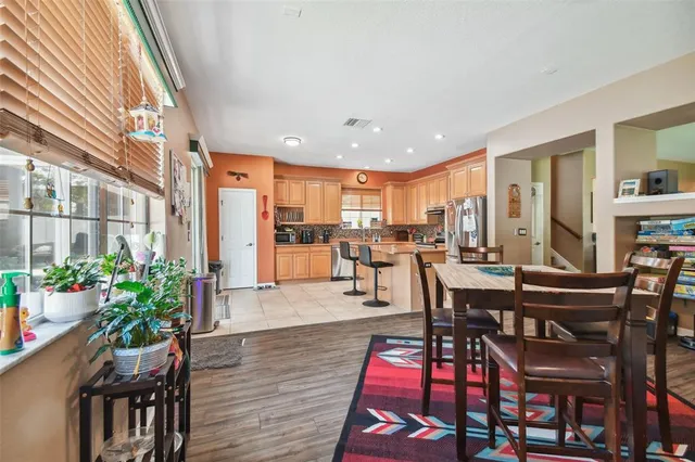 a view of a dining room with furniture