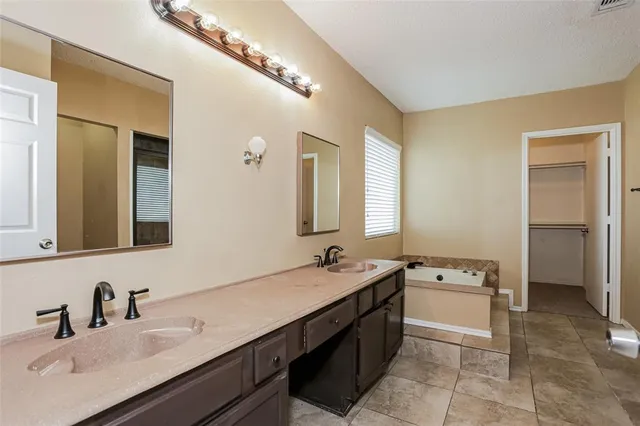 a bathroom with a sink double vanity and a mirror