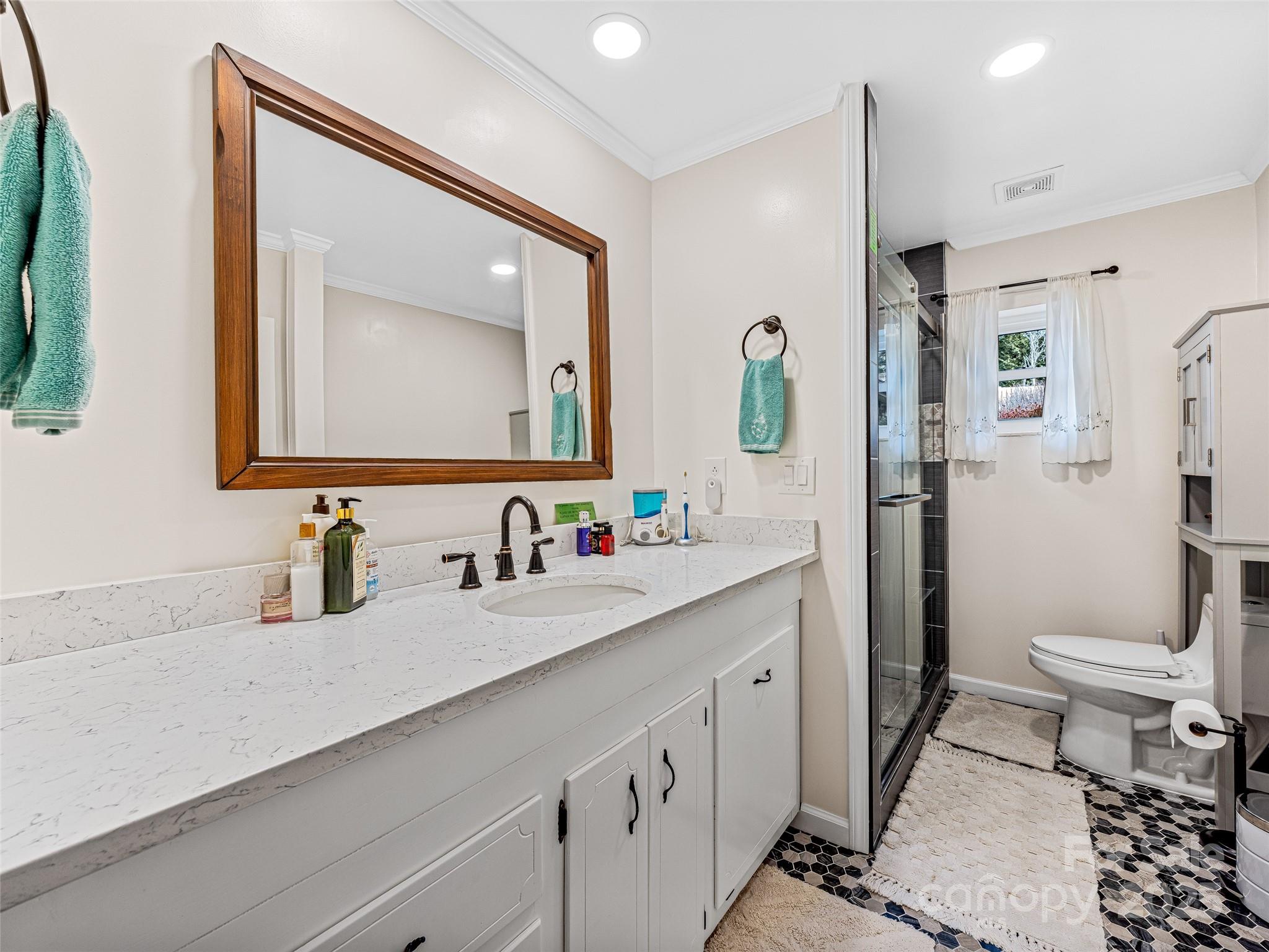 372 Hamilton Road Penrose, NC 28766 - Photo 19 of 38 a bathroom with a toilet sink double vanity and mirror