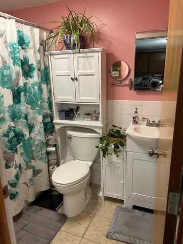 a bathroom with a toilet sink and mirror