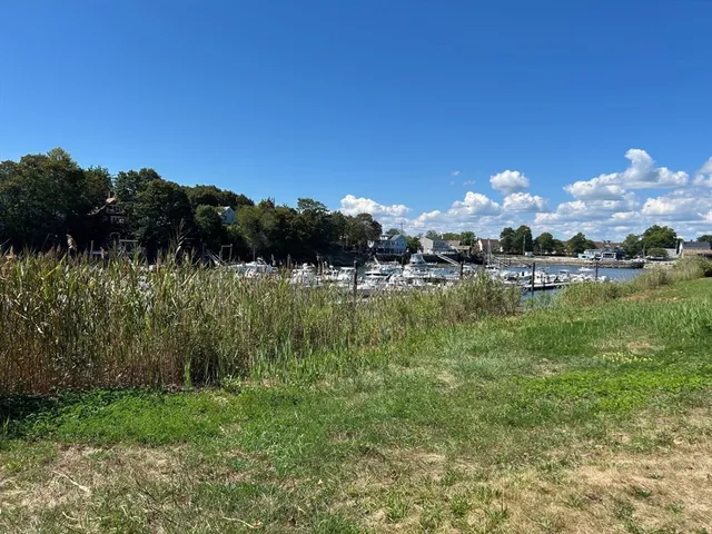 a view of a lake with a yard