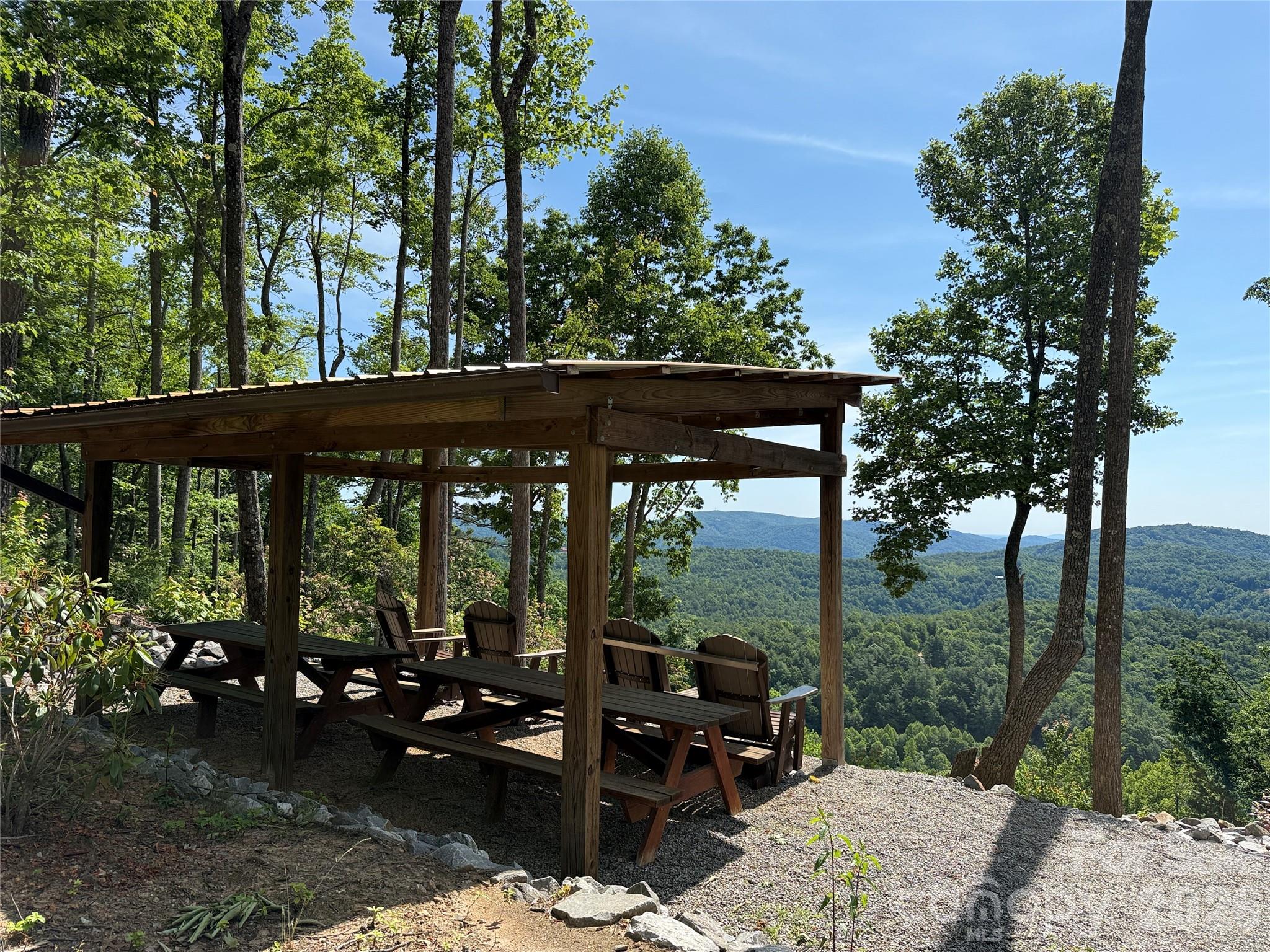 Tbd Staghorn Road, Unit 163 Purlear, NC 28665 - Photo 22 of 36 a view of a patio with table and chairs potted plants and large tree