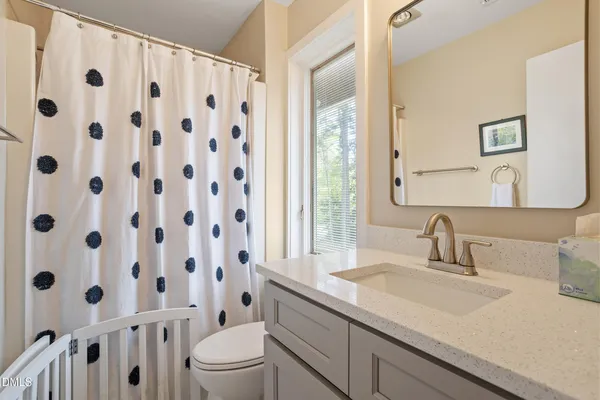 a bathroom with a sink a toilet a mirror and shower curtain