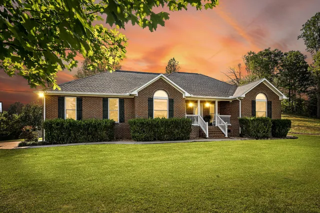 a front view of a house with yard and green space
